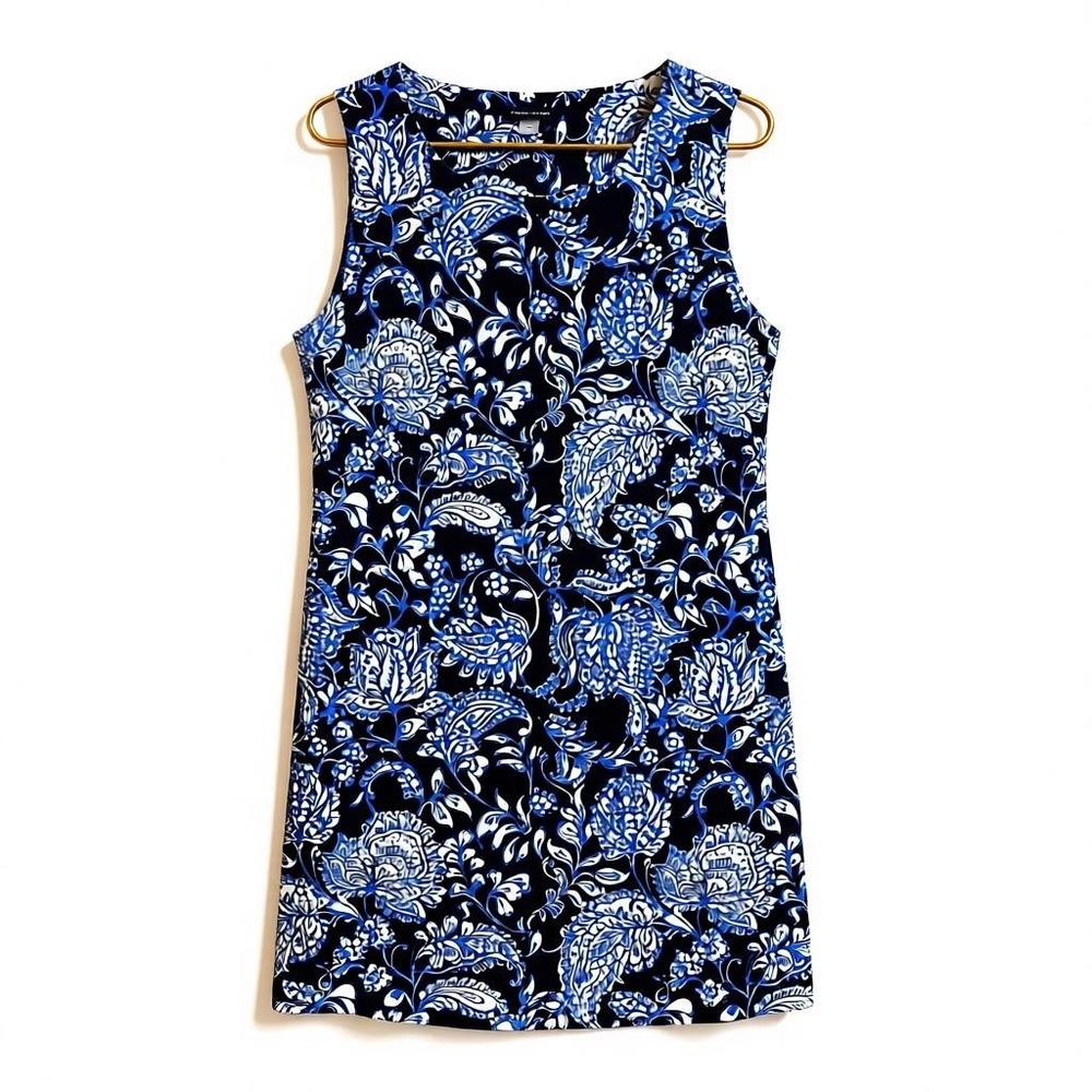 Tommy Hilfiger Shift Dress Women Sz 14 Blue Black Stretch Cruise Resort Floral